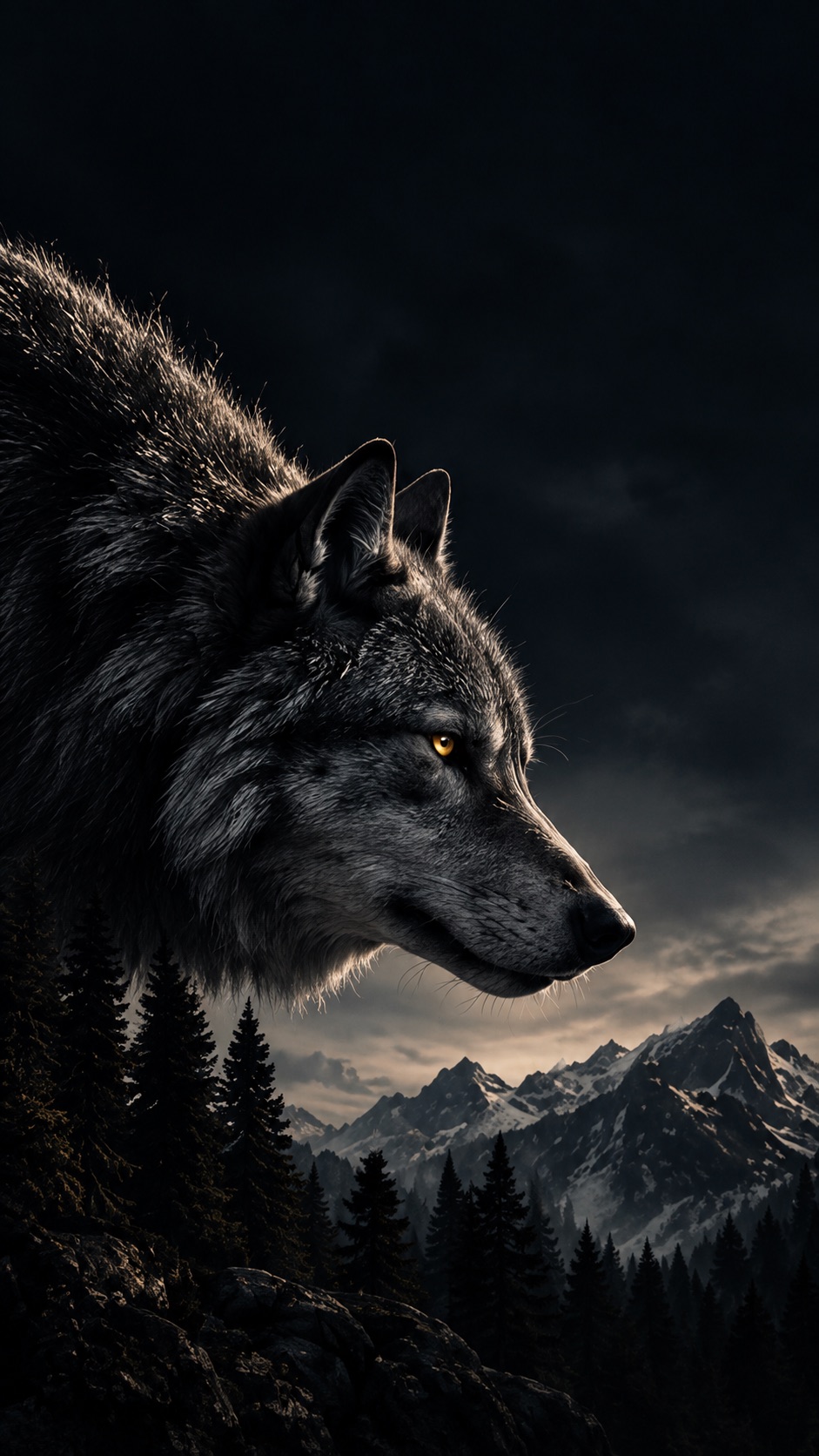 A golden-eyed wolf above a mountain forest
